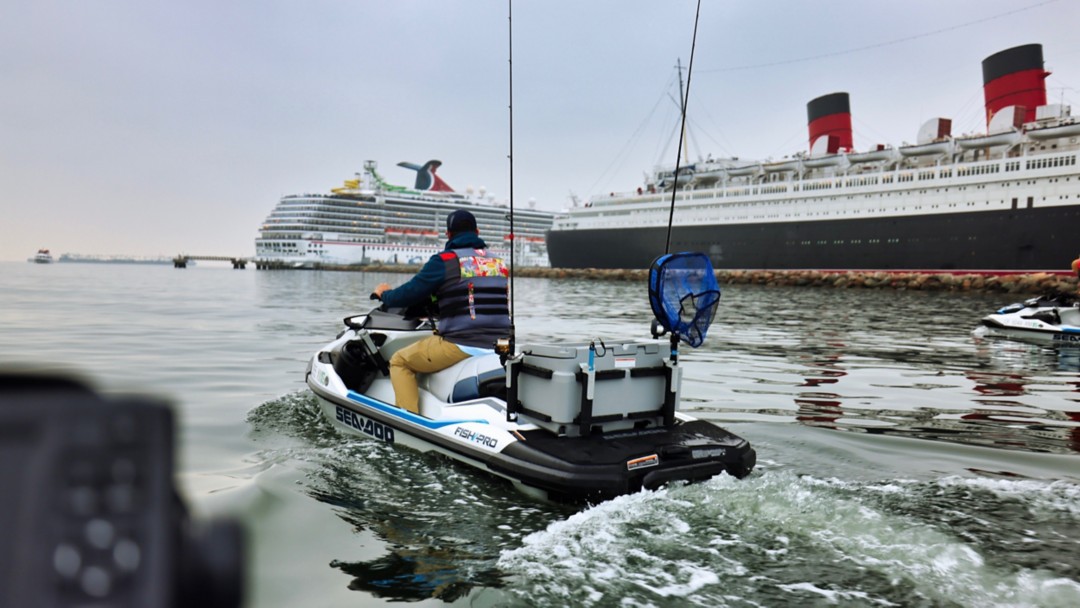 Men fishing in the Long Beach Harbor on Sea-Doo FishPro