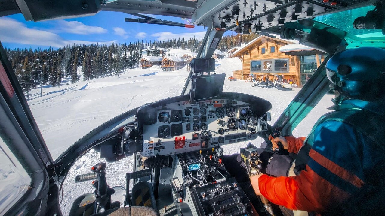 helicopter cockpit at Baldface Lodge