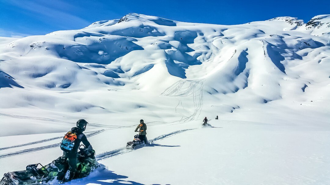 Group of snowmobilers driving in mountain's powder snow
