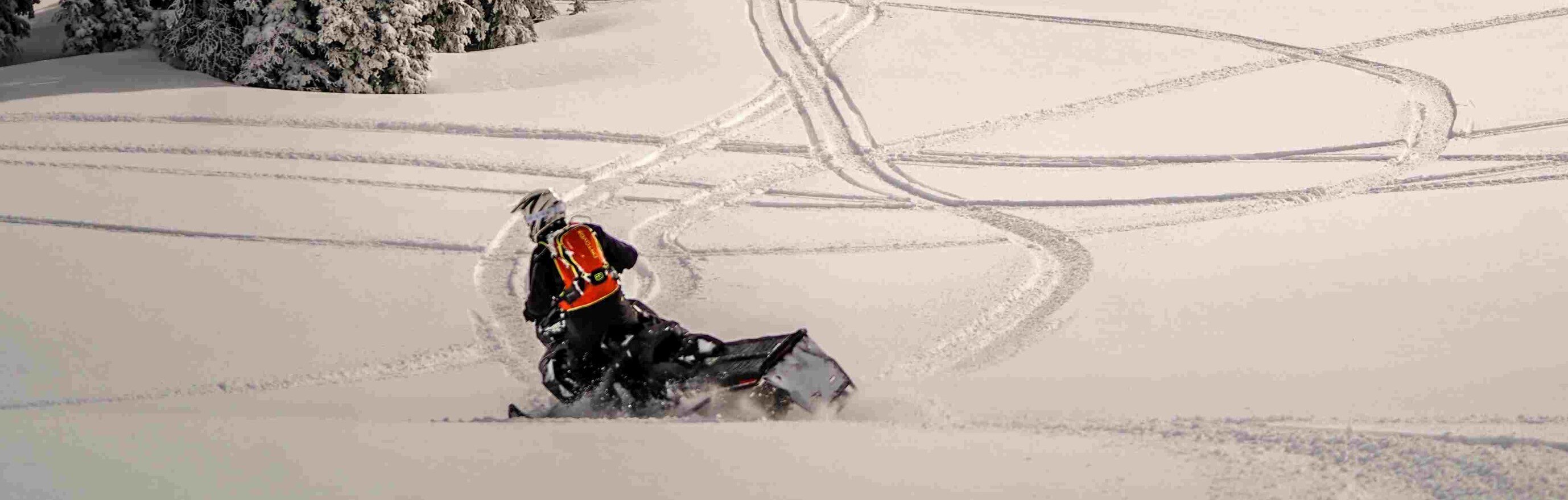 Landscape and Ski-Doo with mountains and trees