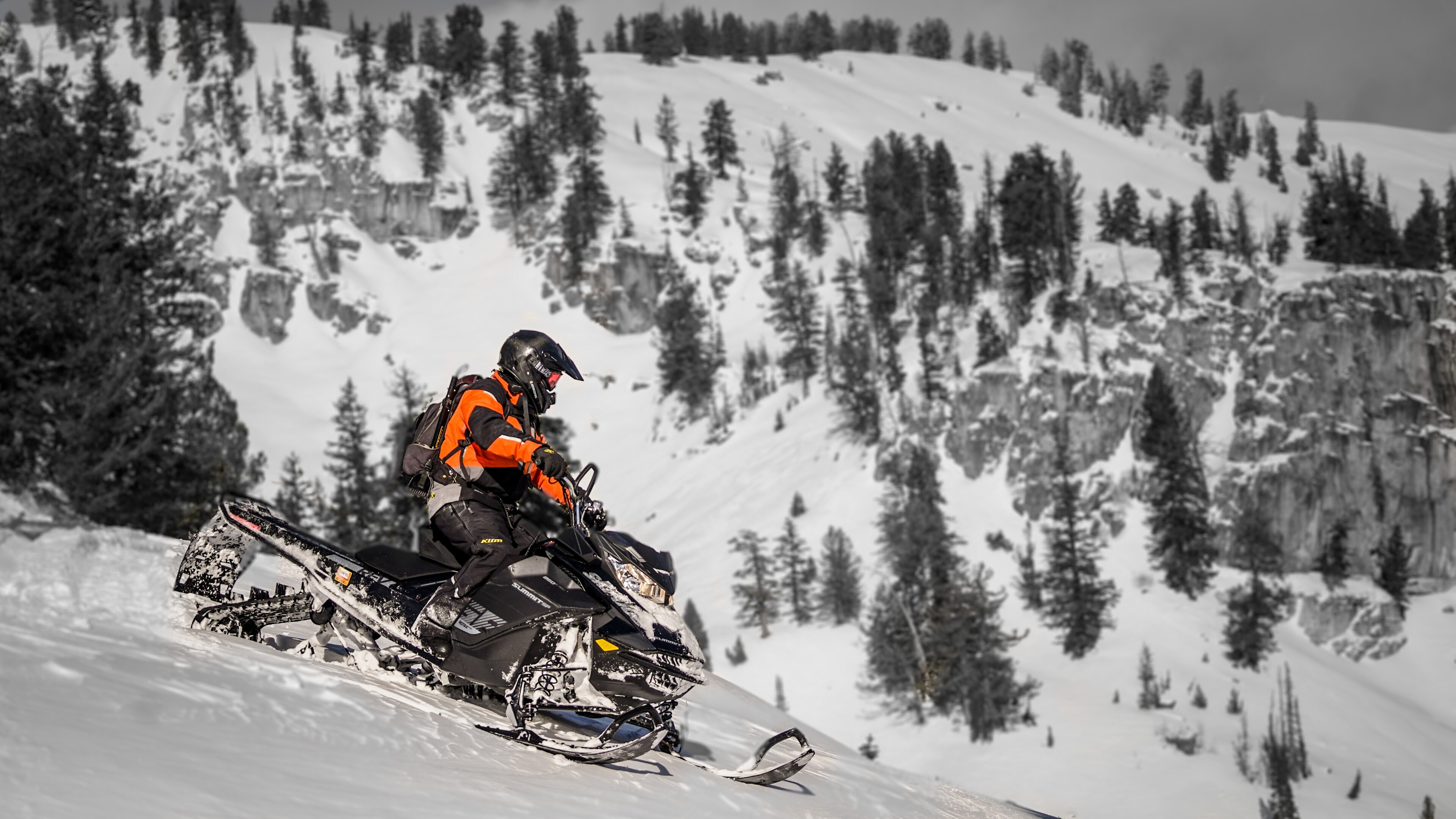 Landscape and Ski-Doo with mountains and trees