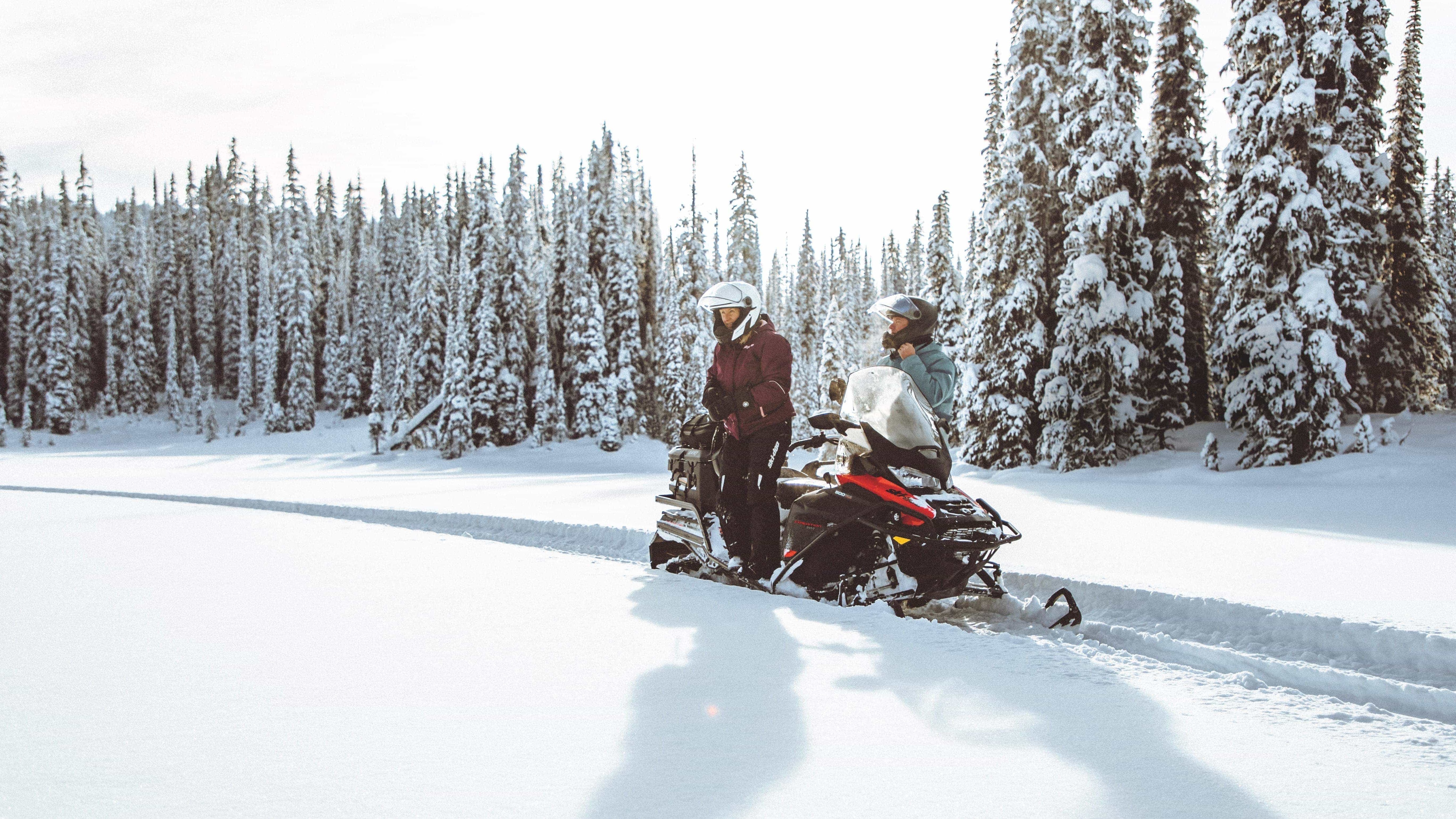 Two people behind their Ski-Doo in forest