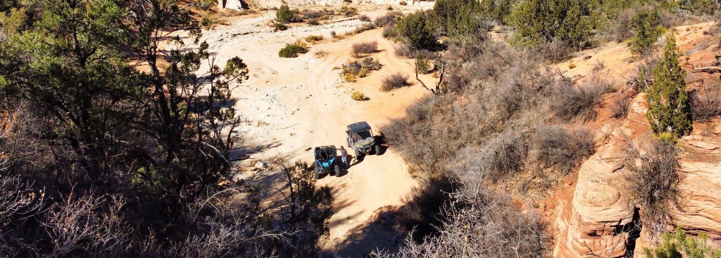 Two Can-Am units riding in a canyon