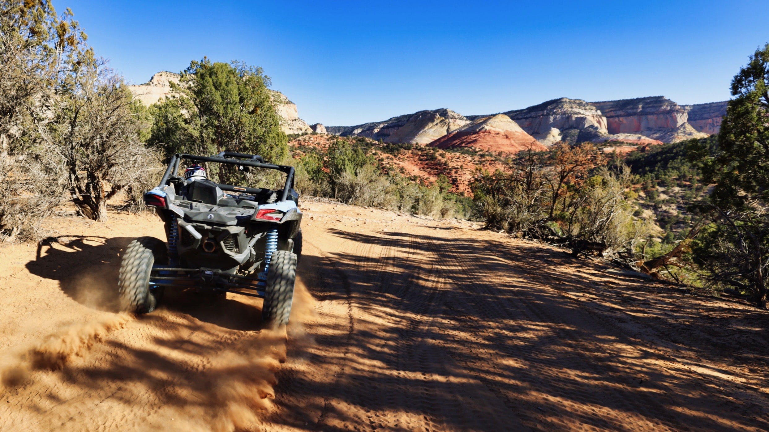 A side-by-side vehicle towards the mountains