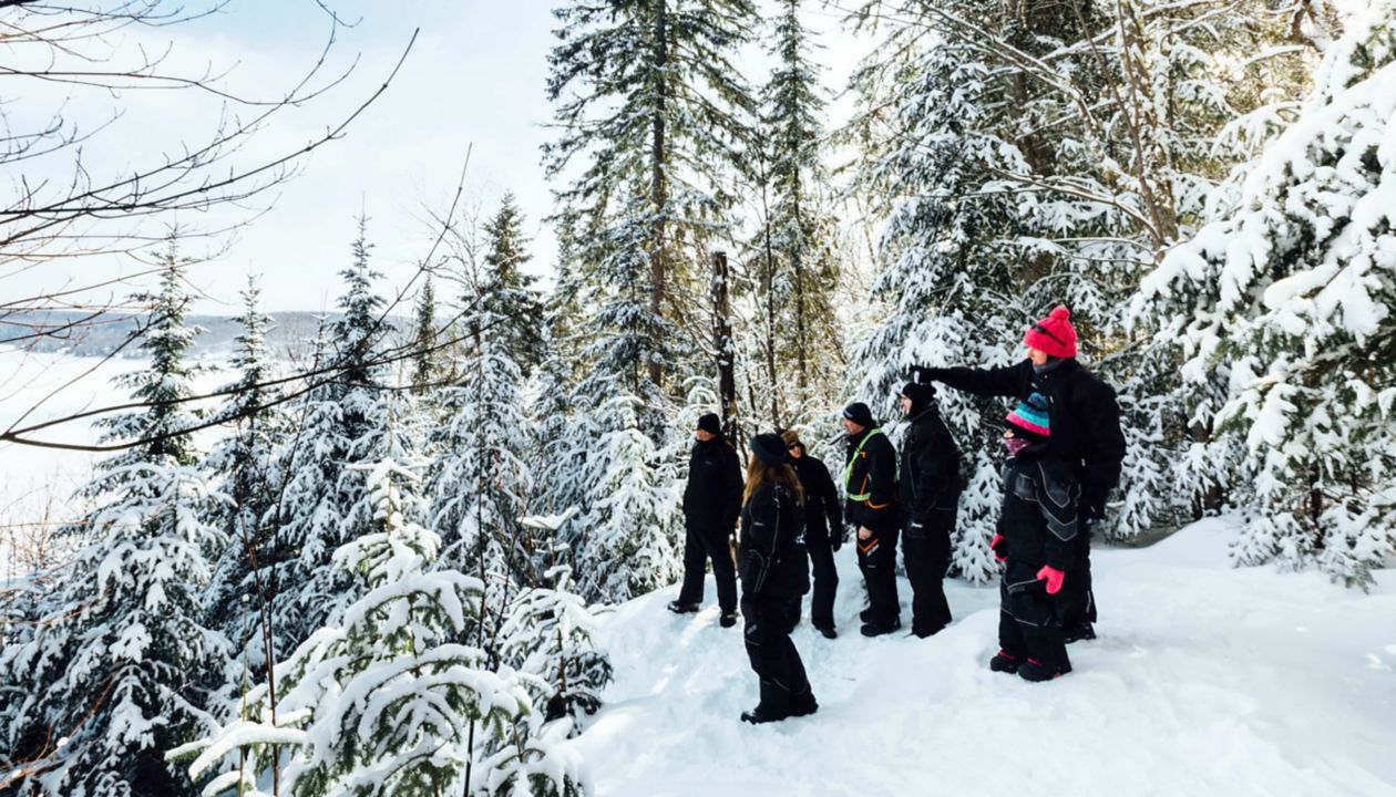 A group of people exploring trails in snowshoes