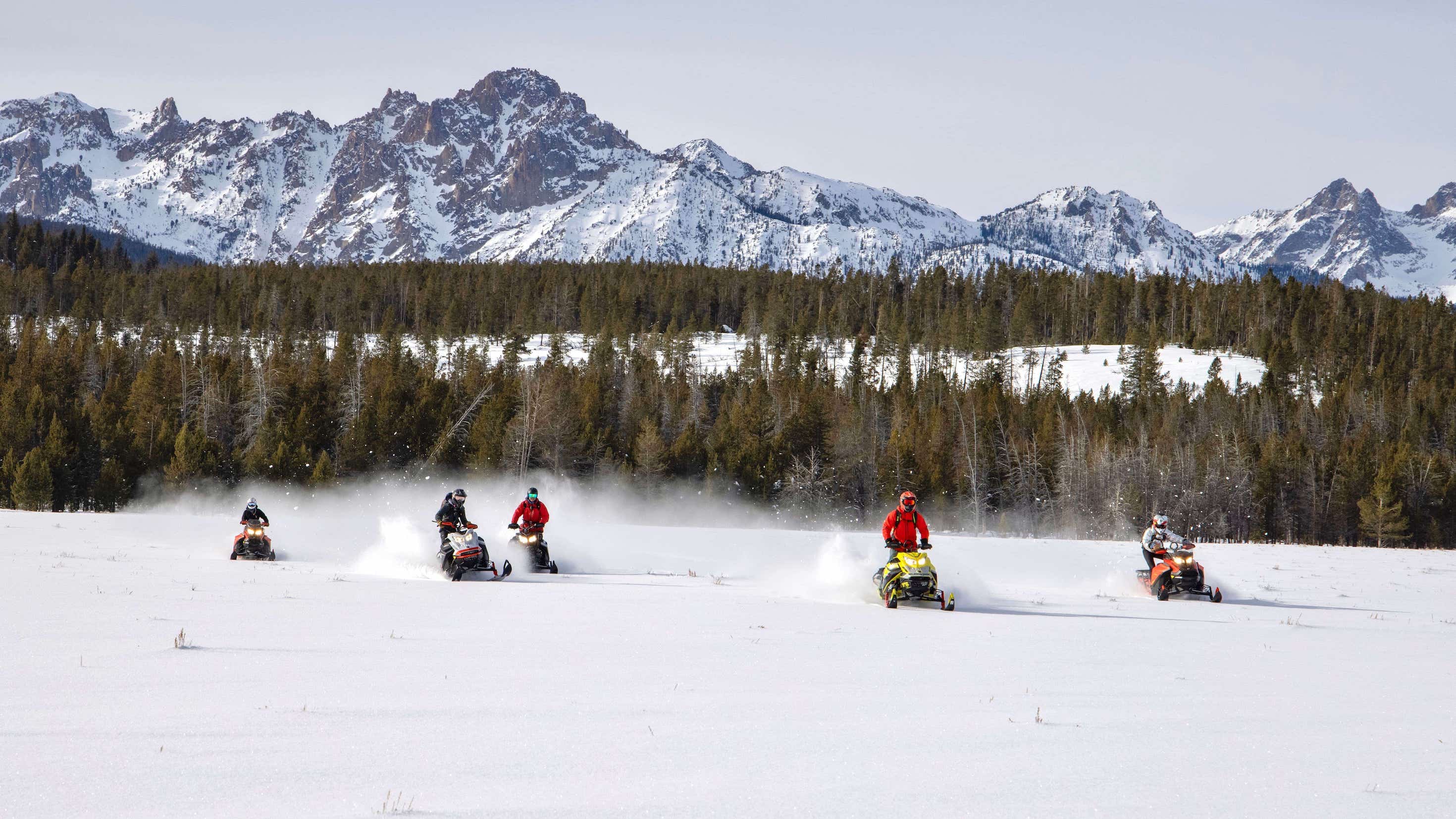 Crew of snowmobilers riding in front of mountains