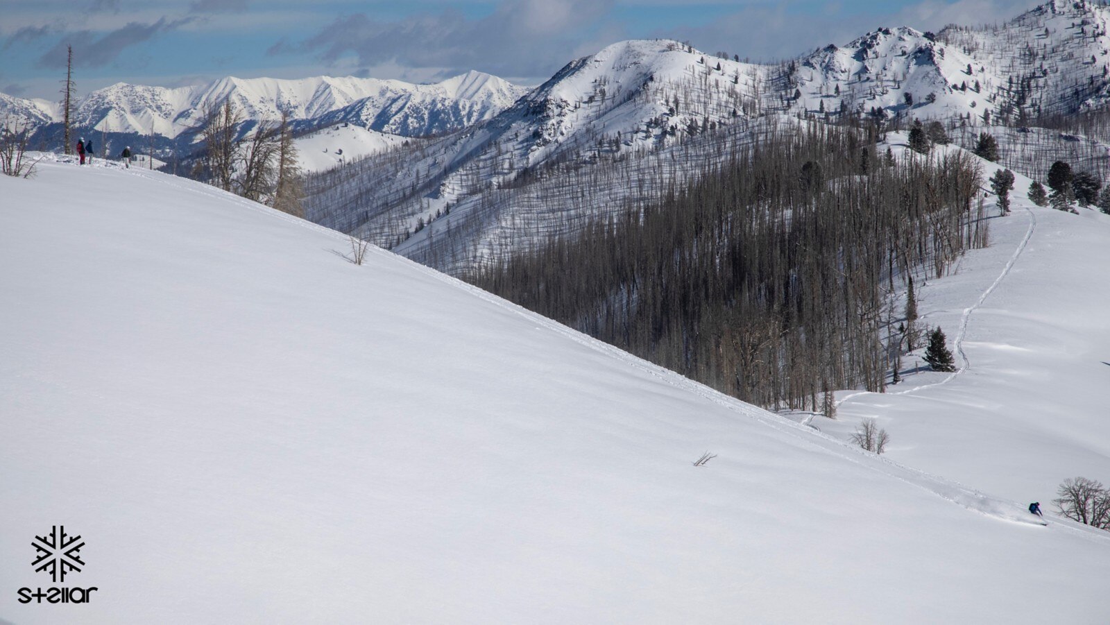 People riding skis down hill