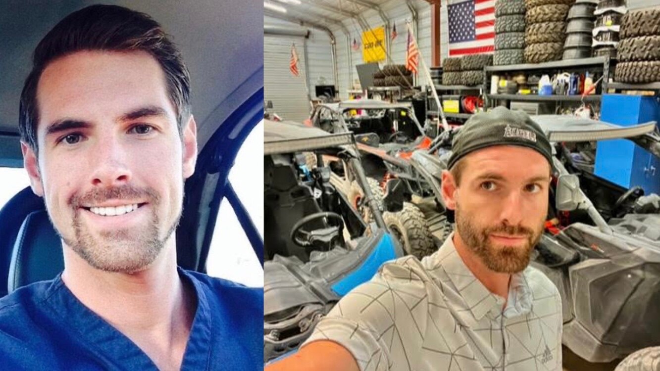 A man in scrubs on the left, then a seperate picture on the right of the same man in front of Can-Am units in a shop with tires and an American flag in the back