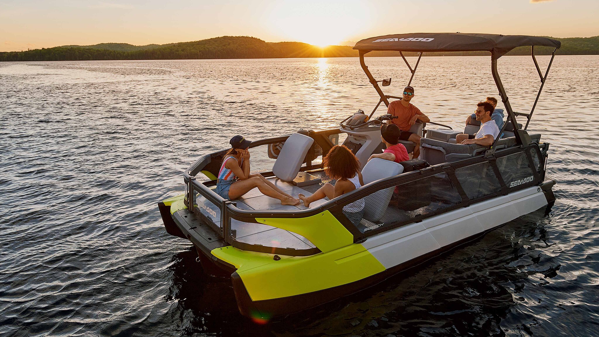 A group of friends relaxing on a pontoon