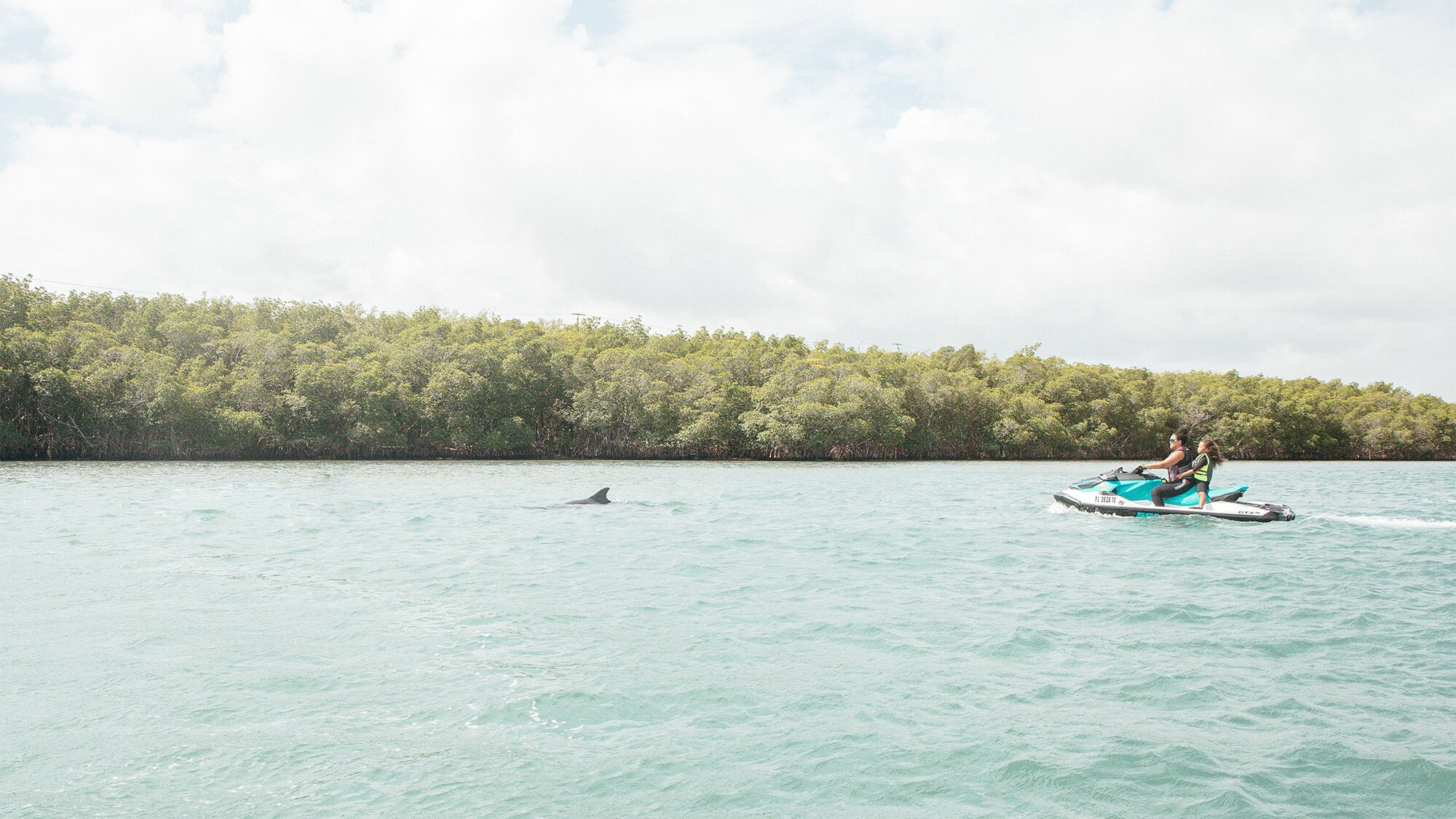 Mère et fille sur une motomarine regardant les dauphins nager